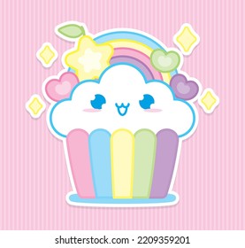 cute kawaii style cupcake that looks like cloud with rainbow and stars illustration vector