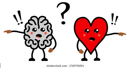 Cute Kawaii style disagreeing brain and heart icon, emotions and rational thinking conflict concept