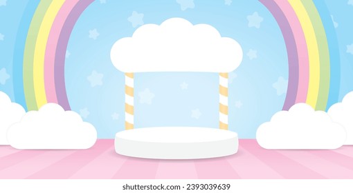 escenas de visualización de estilo kawaii lindo con arco iris y puntas en la nube sobre cielo azul pastel dulce con elementos de estrellas 3d ilustración escena vectorial para poner objeto o producto