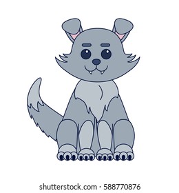 Cute kawaii style dog or grey wolf sitting