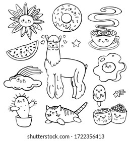 Cute kawaii style doodle hand drawn contour black collection set. Sweet llama, donut, cactus, sweets, ice cream, cat, rainbow, cloud, cup. Lovely baby style vector illustration isolated on white