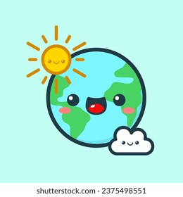 Cute And Kawaii Style Earth Character With Sun And Cloud