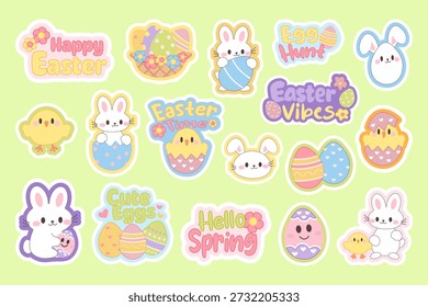 Cute kawaii style Easter sticker set Adorable characters festive elements. Perfect for kids designs, planners, social media, messaging apps, greeting cards, prints, cheerful spring holiday decorations