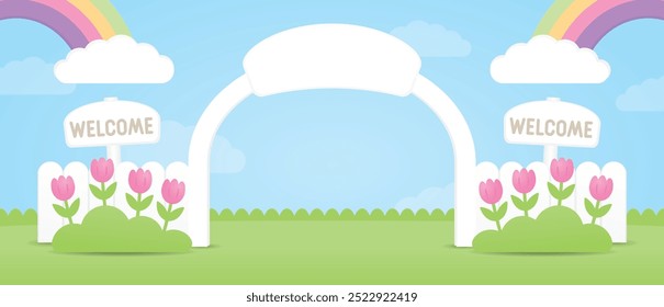 cute kawaii style entrance scene 3d illustration vector in garden or farm theme