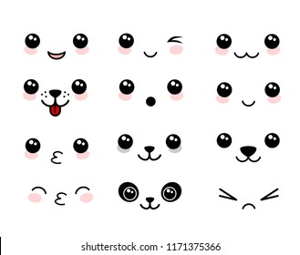 Cute Kawaii Style Faces set vector