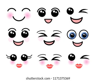 Cute Kawaii Style Faces set vector