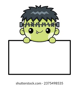 Cute And Kawaii Style Halloween Zombie Character With White Board