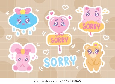 cute kawaii style hand drawn cartoon graphic element vector set in feeling sorry concept
