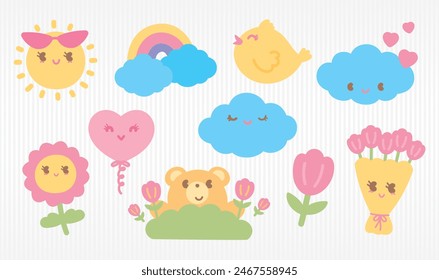 cute kawaii style hand drawn cartoon graphic element vector set in happy day concept