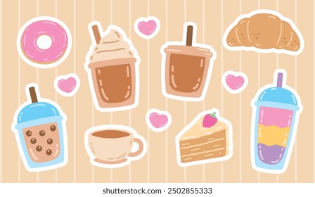 cute kawaii style hand drawn beverage and bakery graphic element vector set with white outline 