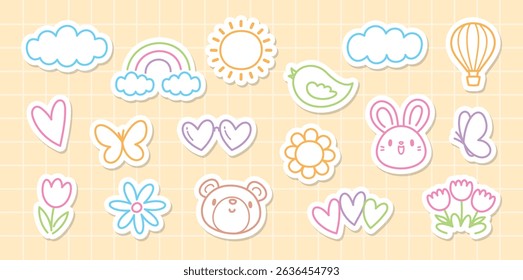 cute kawaii style hand drawn cartoon sticker graphic element vector set