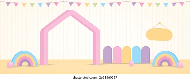 cute kawaii style house shape arch display with colorful fence and rainbow and hanging sign on sweet pastel floor and wall background 3d illustration vector for putting object or product