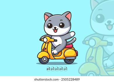 A cute, kawaii style illustration of a playful cat joyfully riding a vintage scooter, blending retro charm with cartoon fun.