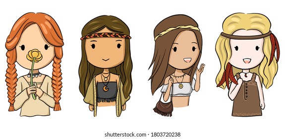 cute kawaii style illustration vector of cute girls wearing casual clothes bohemian style fashion