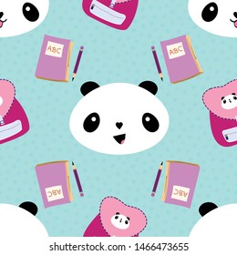 Cute Kawaii style laughing pandas, backpacks, notebooks and pencils. Seamless vector pattern on confetti textured blue background. Great for children, school, kindergarten, nursery products stationery