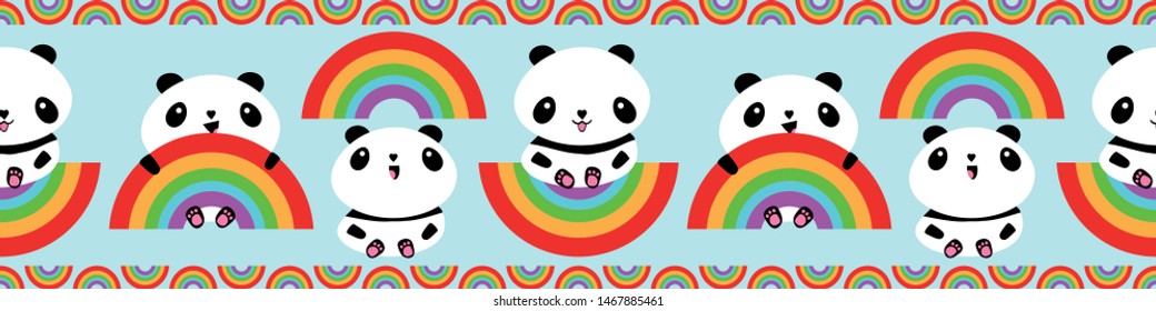 Cute Kawaii style laughing pandas and rainbows border design. Seamless vector pattern on sky blue background. Great for children, school, kindergarten, nursery products, stationery, giftwrap, fabric