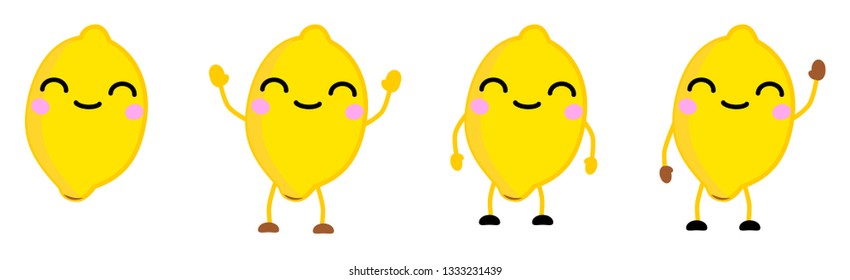 Cute kawaii style lemon fruit, eyes closed, smiling. Version with hands raised, down and waving.