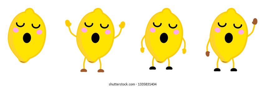 Cute kawaii style lemon fruit, eyes closed, mouth opened. Version with hands raised, down and waving.