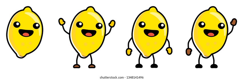 Cute kawaii style Lemon fruit icon, outlined, large eyes, smiling with open mouth. Version with hands raised, down and waving.