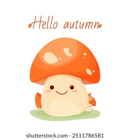 Cute kawaii style mushrooms with the inscription hello autumn. Illustration in a children's style. Cute autumn mushrooms. Template for advertising, brochure, cover, invitation, announcement and social