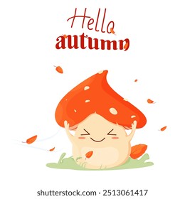 Cute kawaii style mushrooms with the inscription hello autumn. Illustration in a children's style. Cute autumn mushrooms. Template for advertising, brochure, cover, invitation, announcement and social