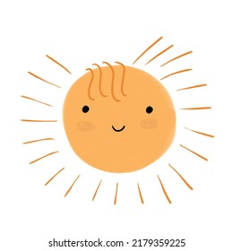 Cute Kawaii Style Nursery Vector Illustration with Big Yellow Sun on a White Background. Lovely Simple Print with Happy Smiling Sun with Fringe Made of Sunlight, ideal for Card, Wall Art, Poster.