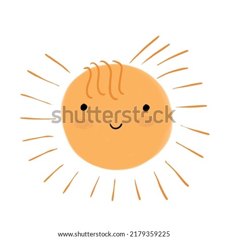 Cute Kawaii Style Nursery Vector Illustration with Big Yellow Sun on a White Background. Lovely Simple Print with Happy Smiling Sun with Fringe Made of Sunlight, ideal for Card, Wall Art, Poster.