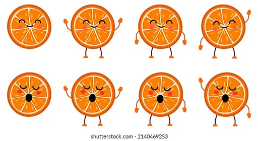 Cute kawaii style orange citrus fruit icon, eyes closed, smiling. Version with hands raised, down and waving