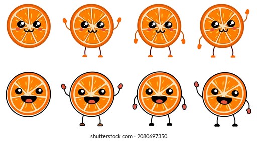 Cute kawaii style orange fruit icon - citrus cut in half, smiling. Version with hands raised, down and waving.