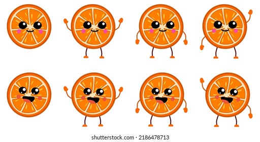 Cute Kawaii Style Orange Fruit Slice Icon, Large Eyes Smiling. Version With Hands Raised, Down And Waving