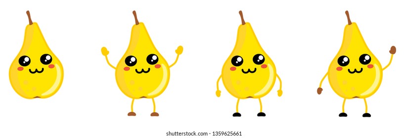 Cute kawaii style Pear fruit icon, large eyes, animal like nose. Version with hands raised, down and waving.