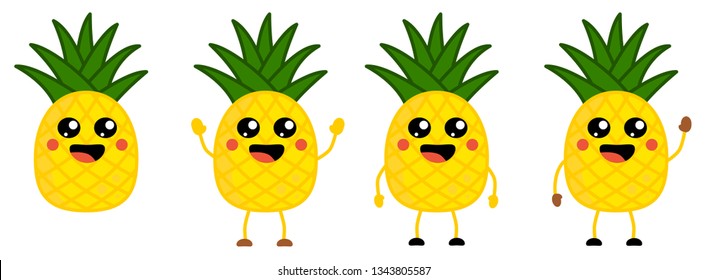 Cute kawaii style Pineapple fruit icon, large eyes, smiling with open mouth. Version with hands raised, down and waving.