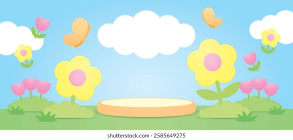 cute kawaii style podium display with flowers and nature elements 3d illustration vector for putting product or object