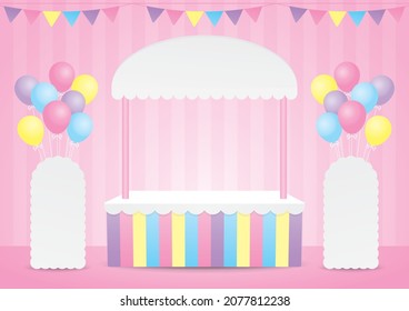 Cute Kawaii Style Pop Up Store 3d Illustration Vector With Standee Sign And Colorful Pastel Balloons On Sweet Pink Floor And Wall  