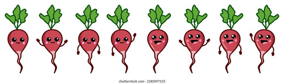 Cute kawaii style purple red radish root vegetable, smiling. Version with hands raised, down and waving