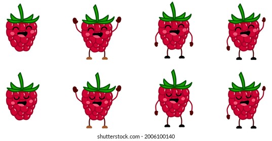 Cute kawaii style raspberry fruit icon, eyes closed, mouth open. Version with hands raised, down and waving.
