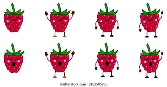 Cute kawaii style raspberry fruit icon. Version with hands raised, down and waving