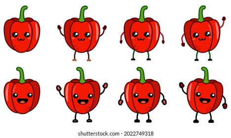 Cute kawaii style red bell pepper vegetable icon, smiling. Version with hands raised, down and waving