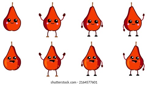 Cute kawaii style red pear fruit icon, large eyes, smiling. Version with hands raised, down and waving