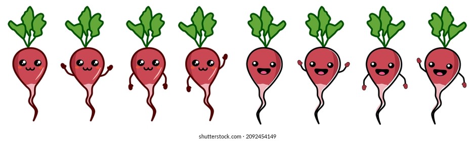 Cute kawaii style red radish root vegetable icon, smiling. Version with hands raised, down and waving