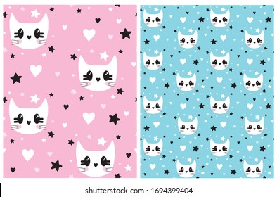 Cute Kawaii Style Romantic Vector Patterns. Sweet White Baby Kitty and Stars Isolated on a Pastel Pink and Light Blue Background. Lovely Nursery Art for Cat Lovers. Valentine's Day Vector Print.
