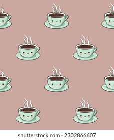 Cute Kawaii Style Seamless Vector Pattern With Cup of Espresso on a Cafe Au Lait Color Background. Lovely Repeatable Print with a Smiling Cup of Coffee ideal for Wrapping Paper, Fabric, Textile.