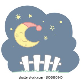 Cute Kawaii Style Sleeping Crescent Moon With Blue Night Cap Stars And White Picket Fence  Night Scene Vector Illustration Isolated On White