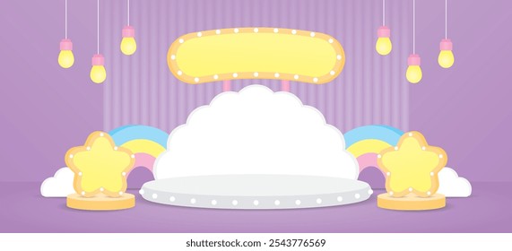 süße Kawaii-Stil Bühne mit Glühbirne Stern und Zeichen mit Wolkenform Hintergrund auf violetten Wand-und Bodenhintergrund 3D-Illustration Vektor für die Putting niedlichen Objekt oder Produkt