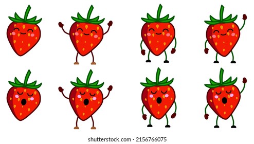 Cute kawaii style strawberry icon, eyes closed, smiling. Version with hands raised, down and waving