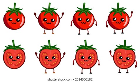 Cute kawaii style tomato icon, smiling. Version with hands raised, down and waving
