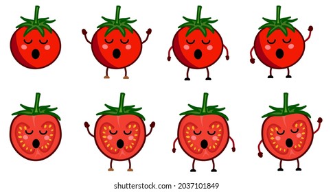 Cute kawaii style tomato icon, eyes closed, mouth open. Version with hands raised, down and waving
