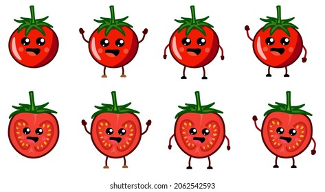 Cute kawaii style tomato vegetable  icon, smiling. Whole and cross cut version with hands raised, down or waving
