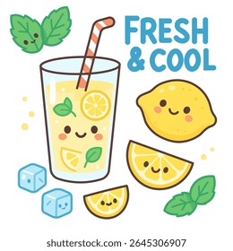 A cute kawaii style vector set featuring lemonade with citrus slices, mint leaves, ice cubes, and a fun lettered phrase - Fresh and Cool. Bright and fun summer drink concept.