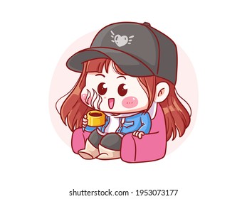 Cute and kawaii Stylish Girl Chill and Drink Coffee manga chibi Illustration